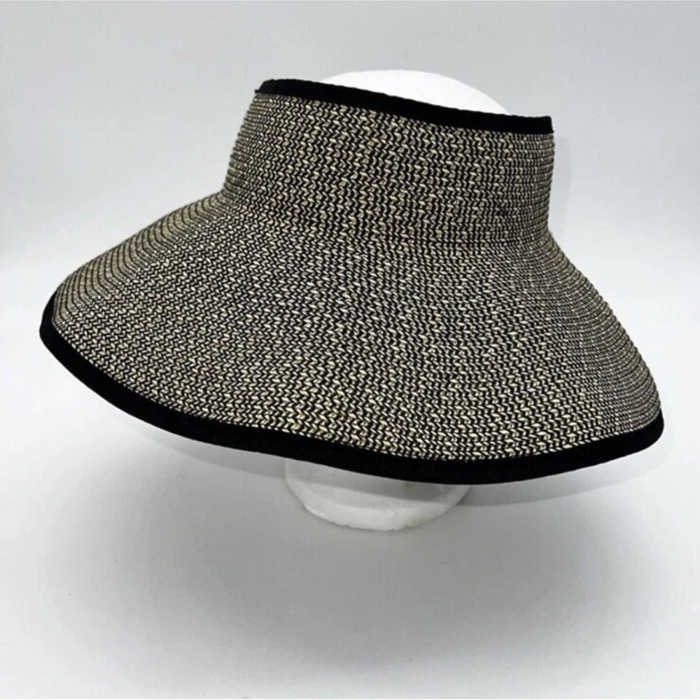 Bijoux Terner Roll up Packable Travel Sun Hat Straw Black Visor Beach Vacation